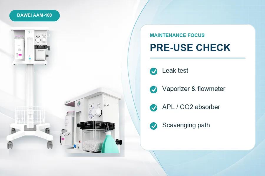 Dawei AAM-100 with a pre-use checklist covering leak testing