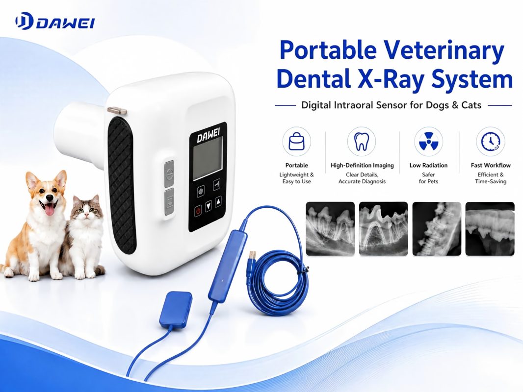 Sistema portátil de raio-X odontológico veterinário com sensor digital.