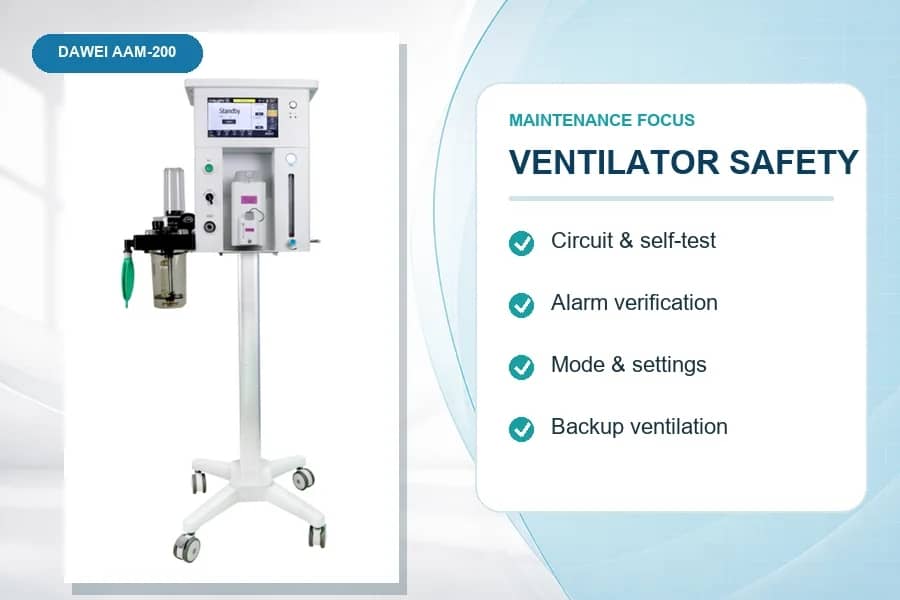 Dawei AAM-200 with a ventilator safety checklist covering circuit self-test, alarms, ventilation mode and settings, and backup ventilation.